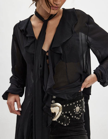 Sheer Ruffle Blouse with Bell Sleeves and Matching Scarf