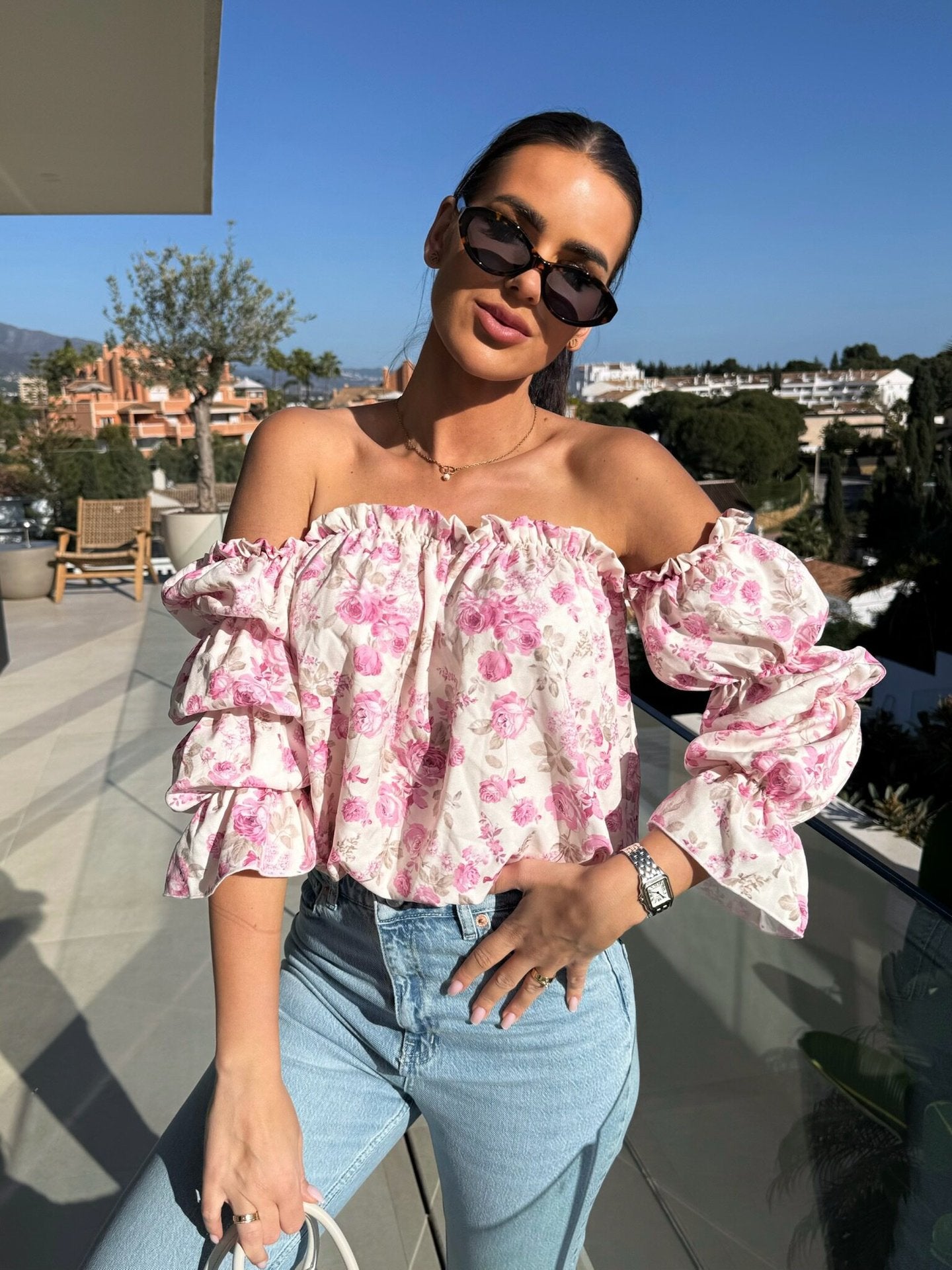 Floral Print Blouse with Off-Shoulder and Ruffled Sleeves
