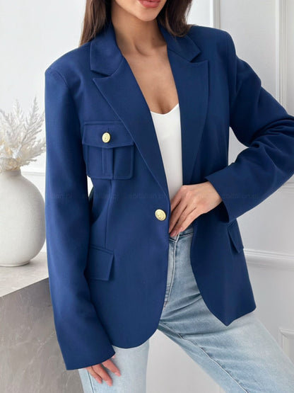 Solid Single-Breasted Blazer with Gold Buttons and Flap Pockets