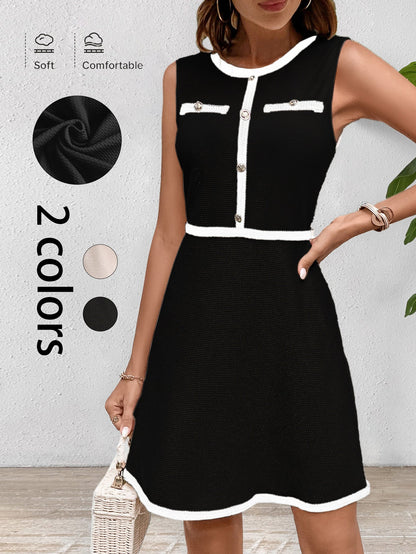 Sleeveless A-Line Dress with Contrast Trim and Button Detail