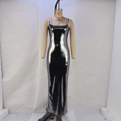 Metallic PU Bodycon Maxi Dress with Scoop Neck and Backless Detail