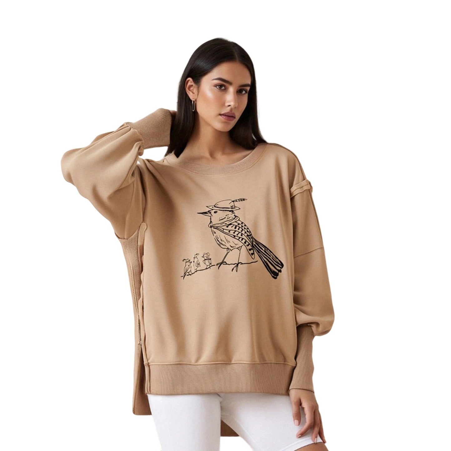 Loose Fit Graphic Pullover Sweatshirt with Balloon Sleeves