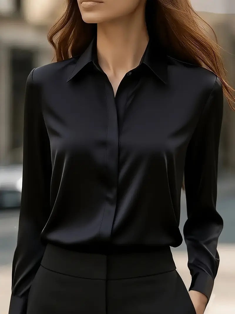 Classic Fit Solid Long-Sleeve Blouse in Silky Polyester