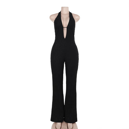 Lace Halter Jumpsuit with Plunging V-Neck and Straight Leg