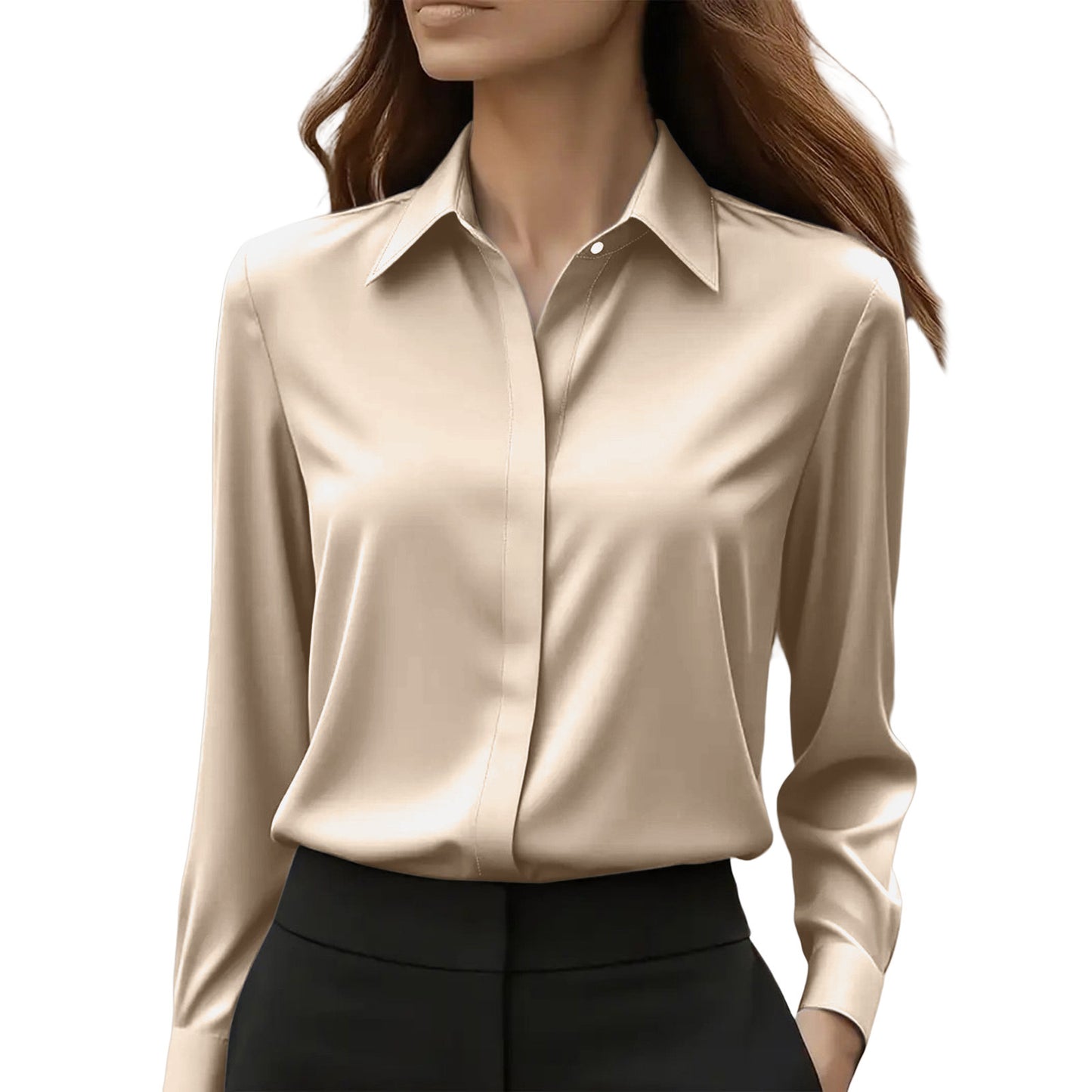Classic Fit Solid Long-Sleeve Blouse in Silky Polyester