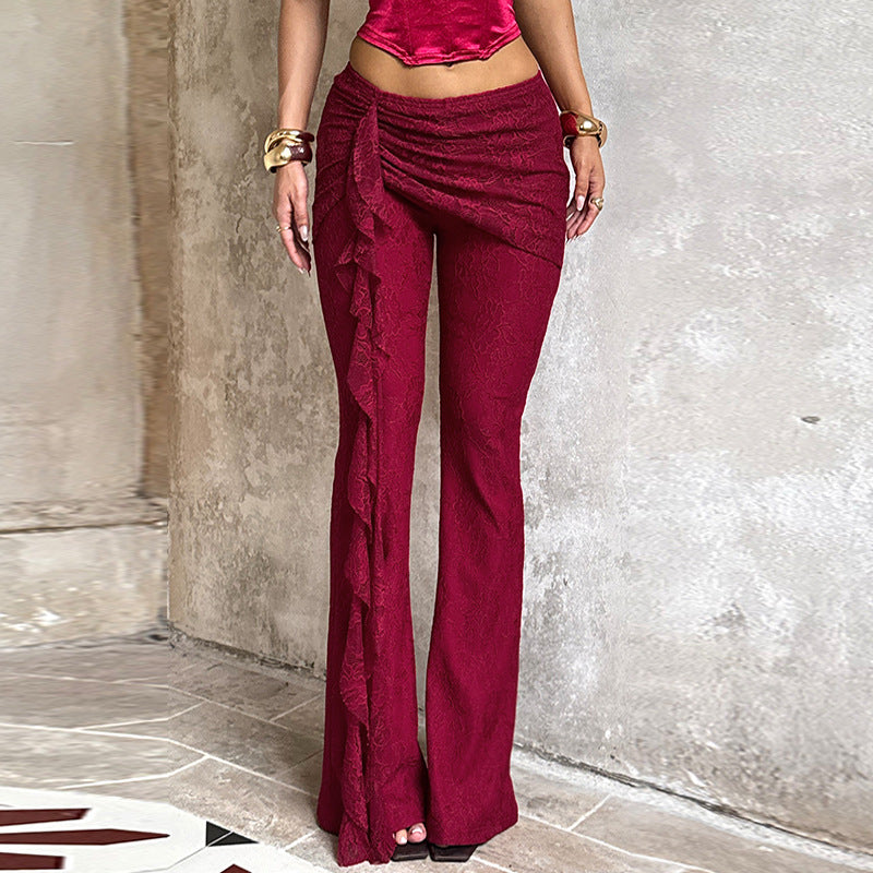 Flared Lace Pants with Cascading Ruffle Detail