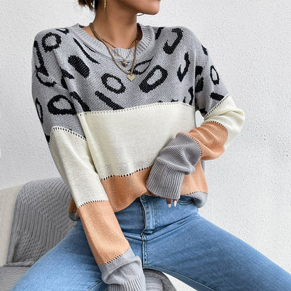 Leopard Print Color-Block Knit Sweater with Crewneck