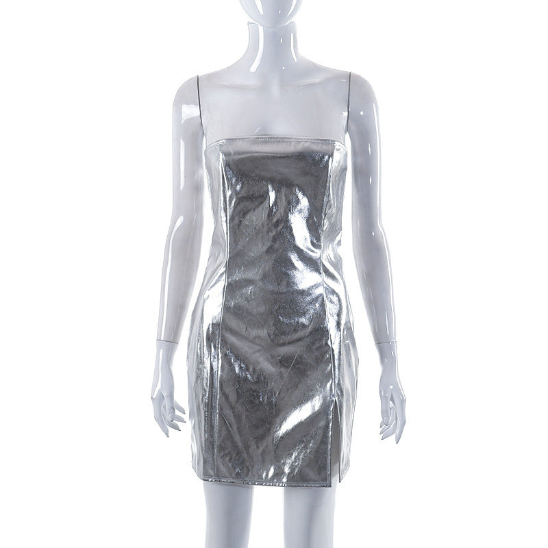 Metallic PU Bodycon Mini Dress with Strapless Neckline and Slit