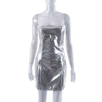 Metallic PU Bodycon Mini Dress with Strapless Neckline and Slit