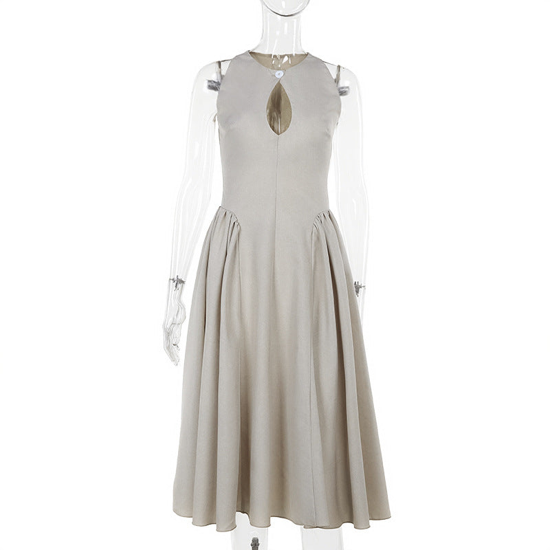 Sleeveless A-Line Midi Dress with Front Keyhole Detail