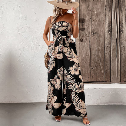 Tropical Leaf Print Wide-Leg Jumpsuit with Strapless Neckline