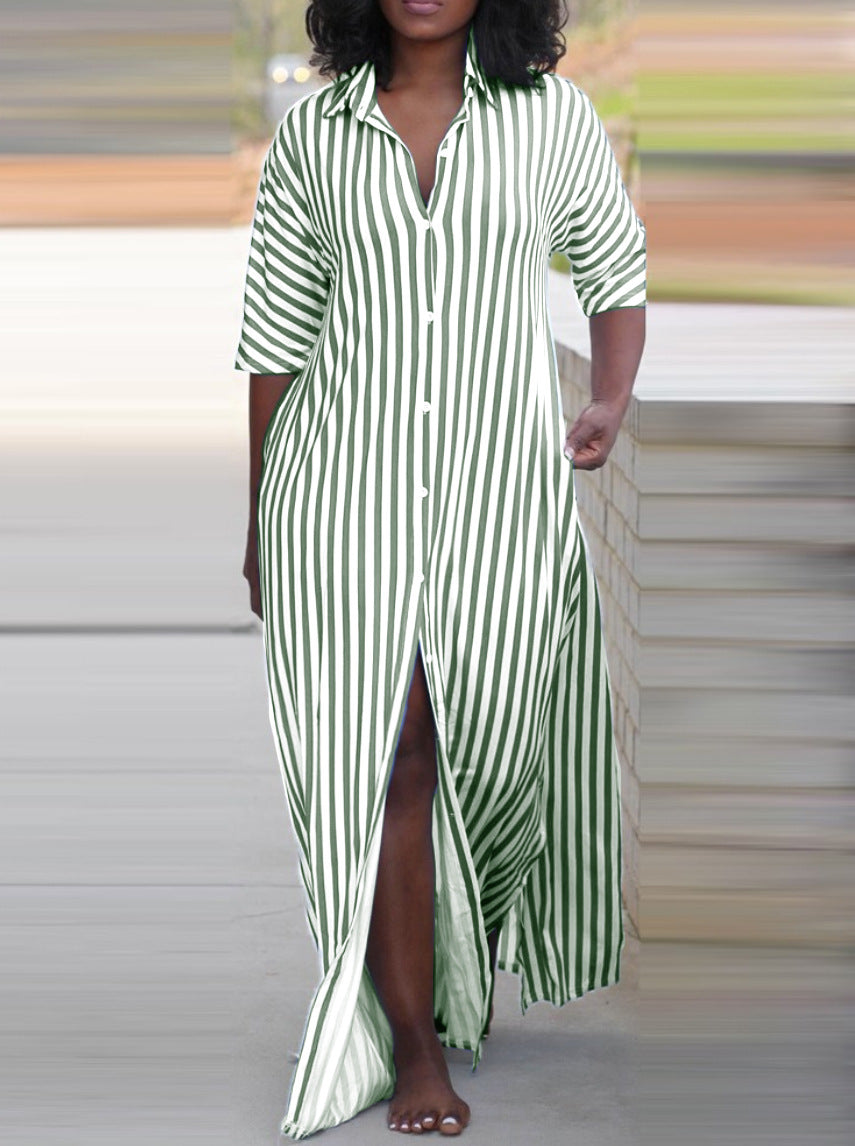 Striped Button-Front Maxi Shirt Dress with V-Neck