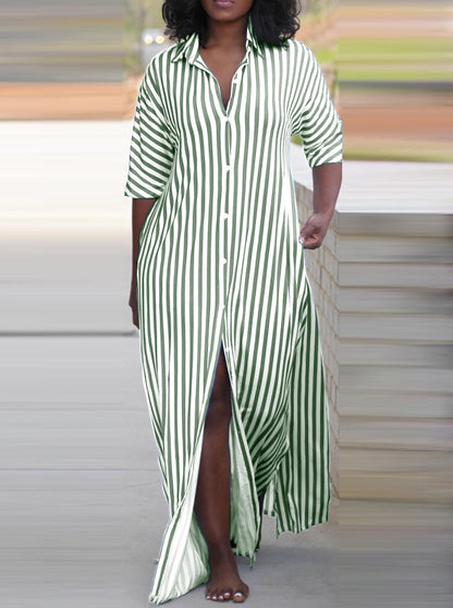 Striped Button-Front Maxi Shirt Dress with V-Neck