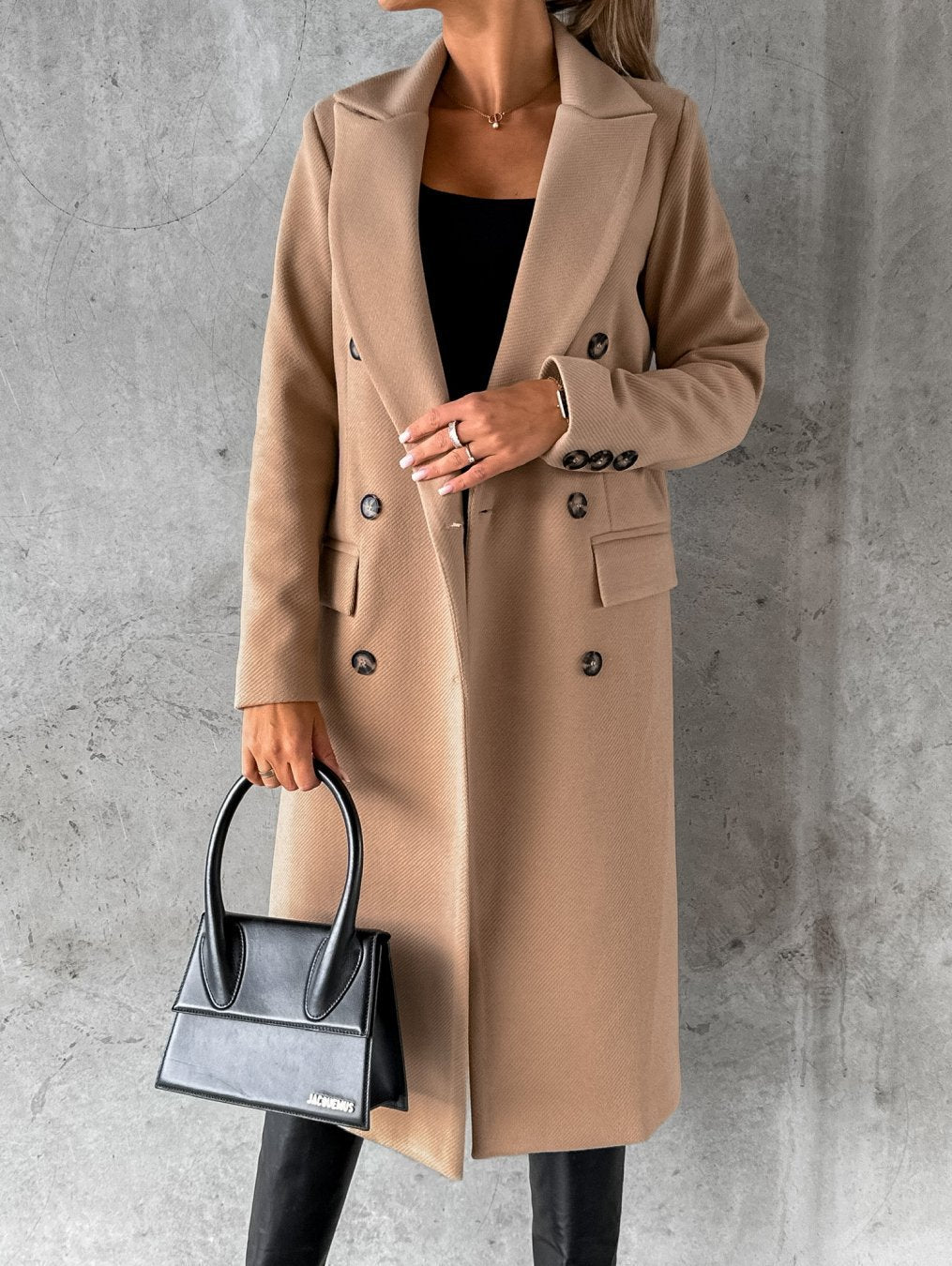 Solid Midi Coat with Double-Breasted Closure and Suit Collar