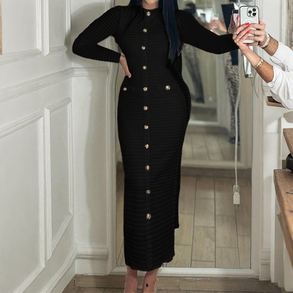 Textured Bodycon Midi Dress with Button Front