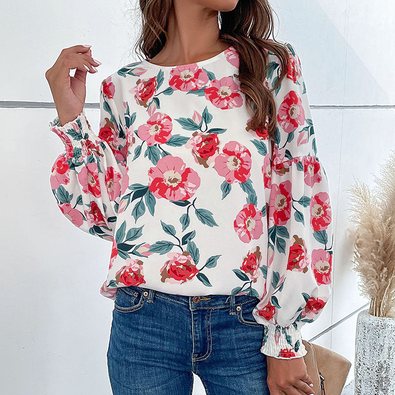 Floral Print Blouse with Crewneck and Balloon Sleeves