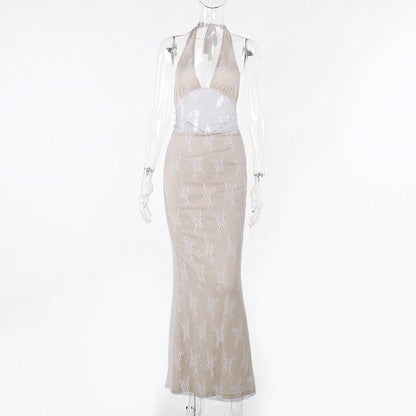 Elegant Backless Lace Slim-Fit Dress Black