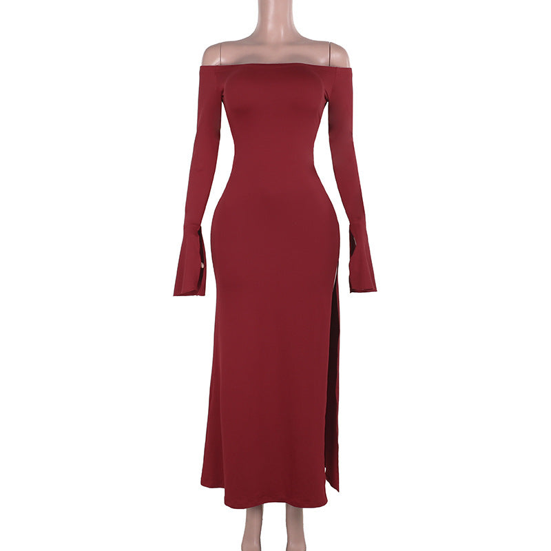 Solid Off-the-Shoulder Bodycon Maxi Dress with High Slit