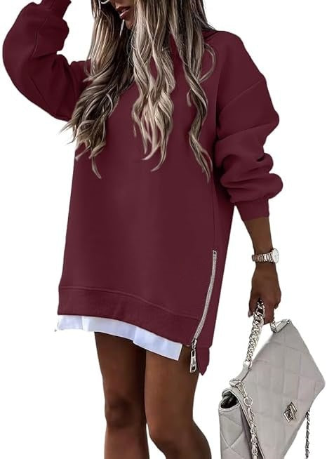 Oversized Sweatshirt Tunic with Side Zippers and Faux Layered Hem