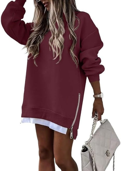 Oversized Sweatshirt Tunic with Side Zippers and Faux Layered Hem