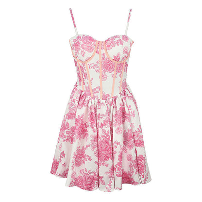 Floral Print A-Line Dress with Corset Bodice