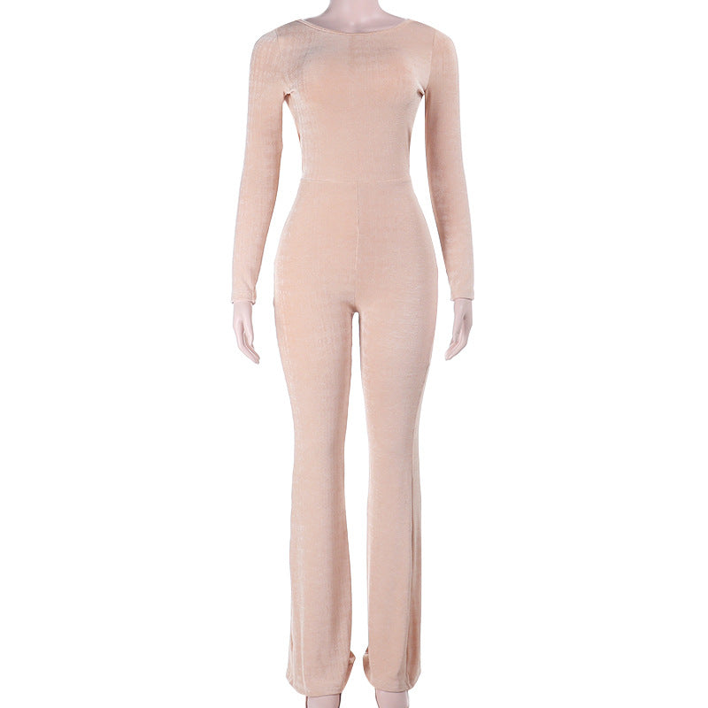 Bodycon Long-Sleeve Jumpsuit with Ruched Back and Flared Leg