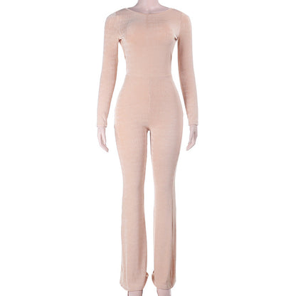 Bodycon Long-Sleeve Jumpsuit with Ruched Back and Flared Leg