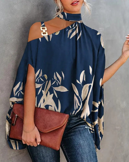 Printed Dolman Sleeve Blouse with Choker Neck and Chain Detail