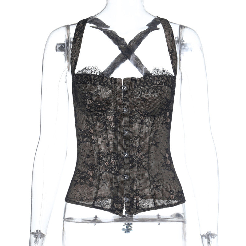 Lace Corset Top with Hook-and-Eye Front and Eyelash Trim
