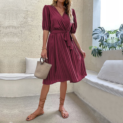 Solid Wrap Midi Dress with Pleated Skirt and Tie Waist