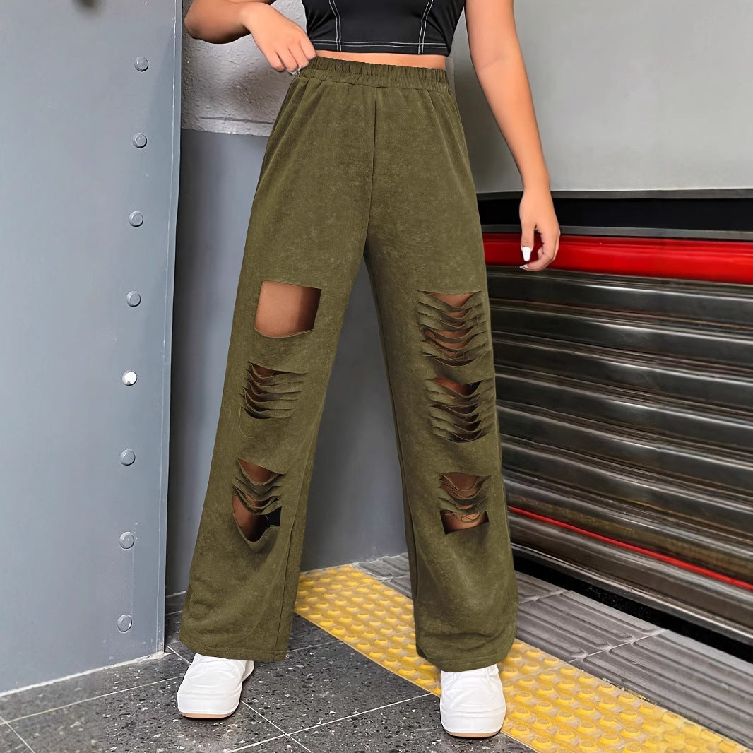 Knitted Wide-Leg Pants with Distressed Detail and Elastic High Waist