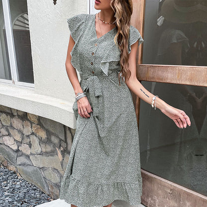 Printed A-Line Midi Dress with V-Neck and Flutter Sleeves
