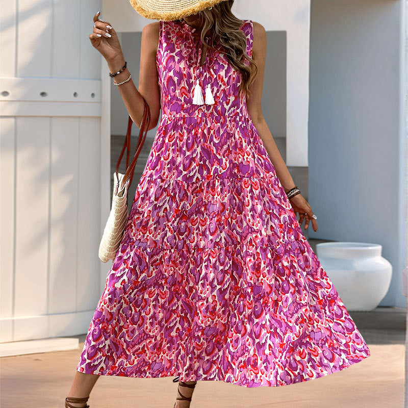 Abstract Print Tiered Midi Dress with Tassel V-Neck