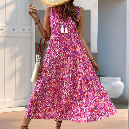 Abstract Print Tiered Midi Dress with Tassel V-Neck