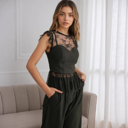 Bustier Peplum Top with Lace Splicing and Flutter Sleeves