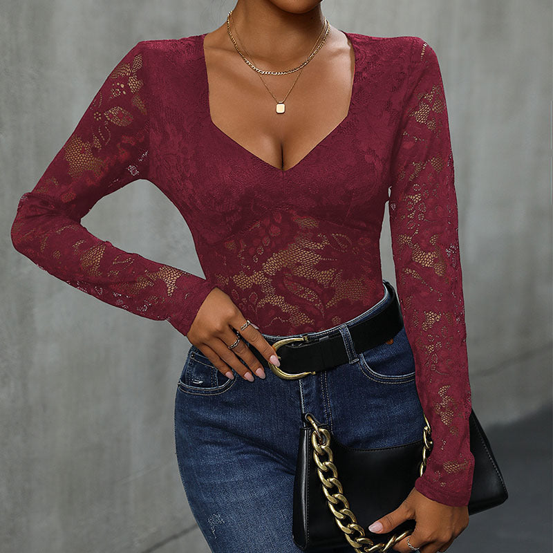 Bodycon Lace Bodysuit with Deep V-Neck and Long Sleeves