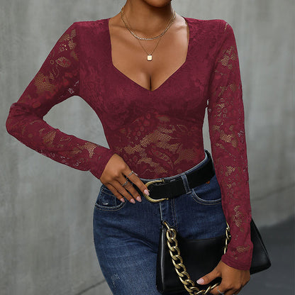 Bodycon Lace Bodysuit with Deep V-Neck and Long Sleeves