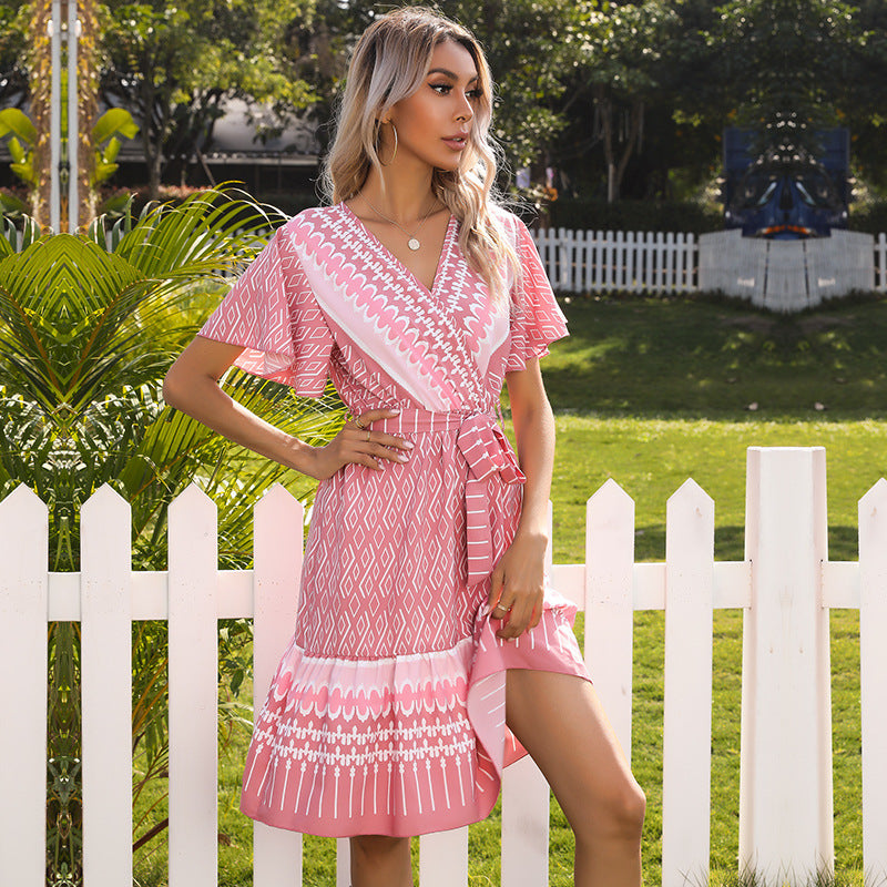 Ethnic Geometric A-Line Midi Dress with V-Neck and Horn Sleeves