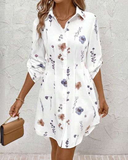 Floral Print Mini Shirt Dress with Lapel Collar & Roll-Tab Sleeves