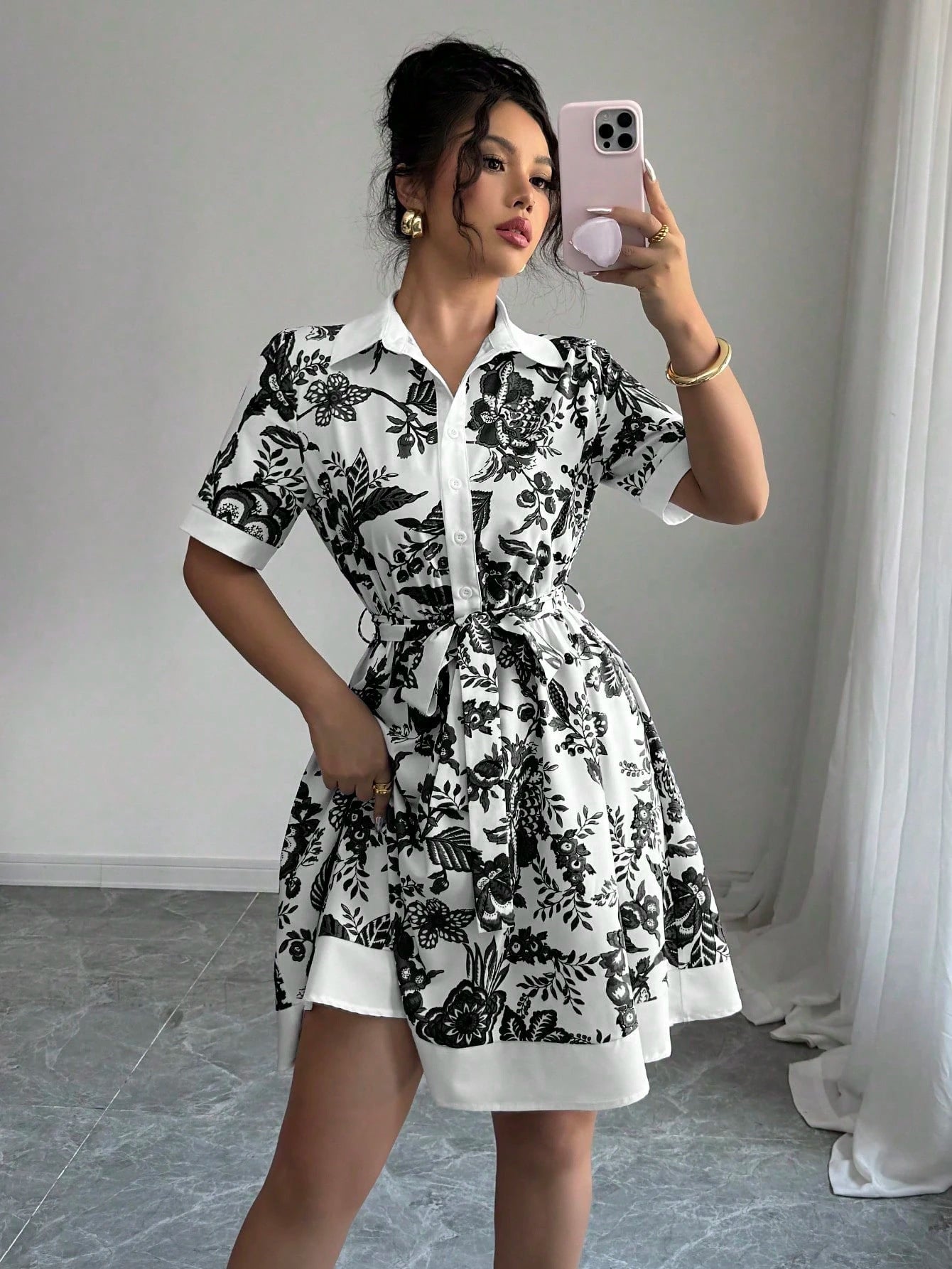 A-Line Floral Print Dress with Shirt Collar and Tie Waist