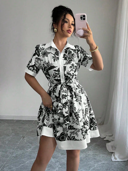 A-Line Floral Print Dress with Shirt Collar and Tie Waist