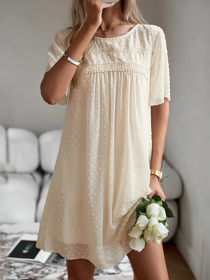 Smock Mini Dress with Swiss Dot Texture and Lace Trim