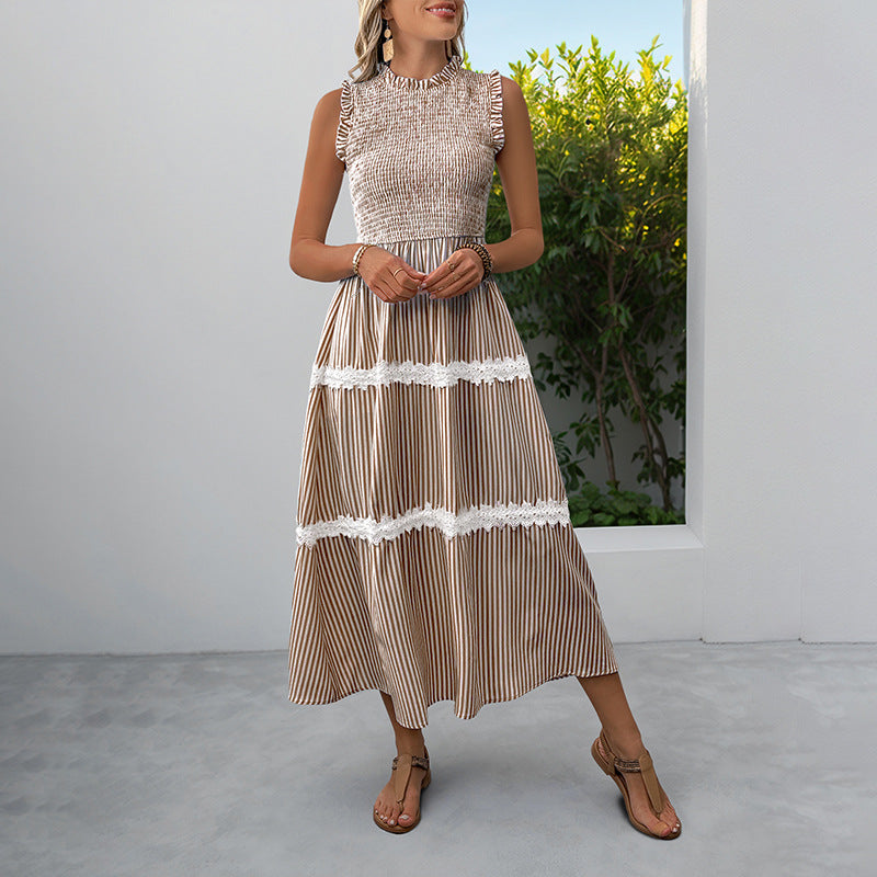 Striped A-Line Midi Dress with Smocked Bodice and Lace Trim