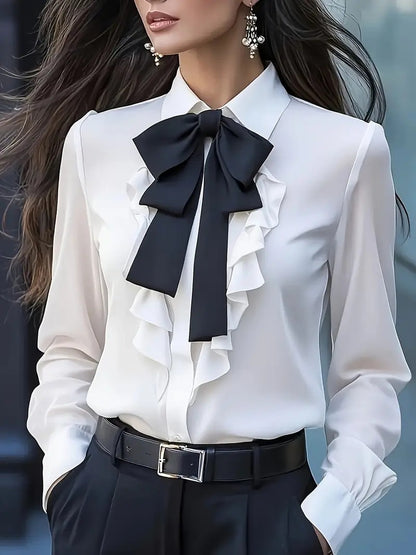 Solid Long Sleeve Blouse with Ruffle Front and Bow Tie