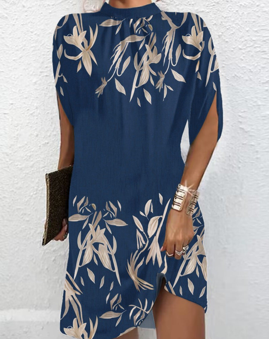 Abstract Color Block Short Dress with Mock Neck and Bat Sleeves