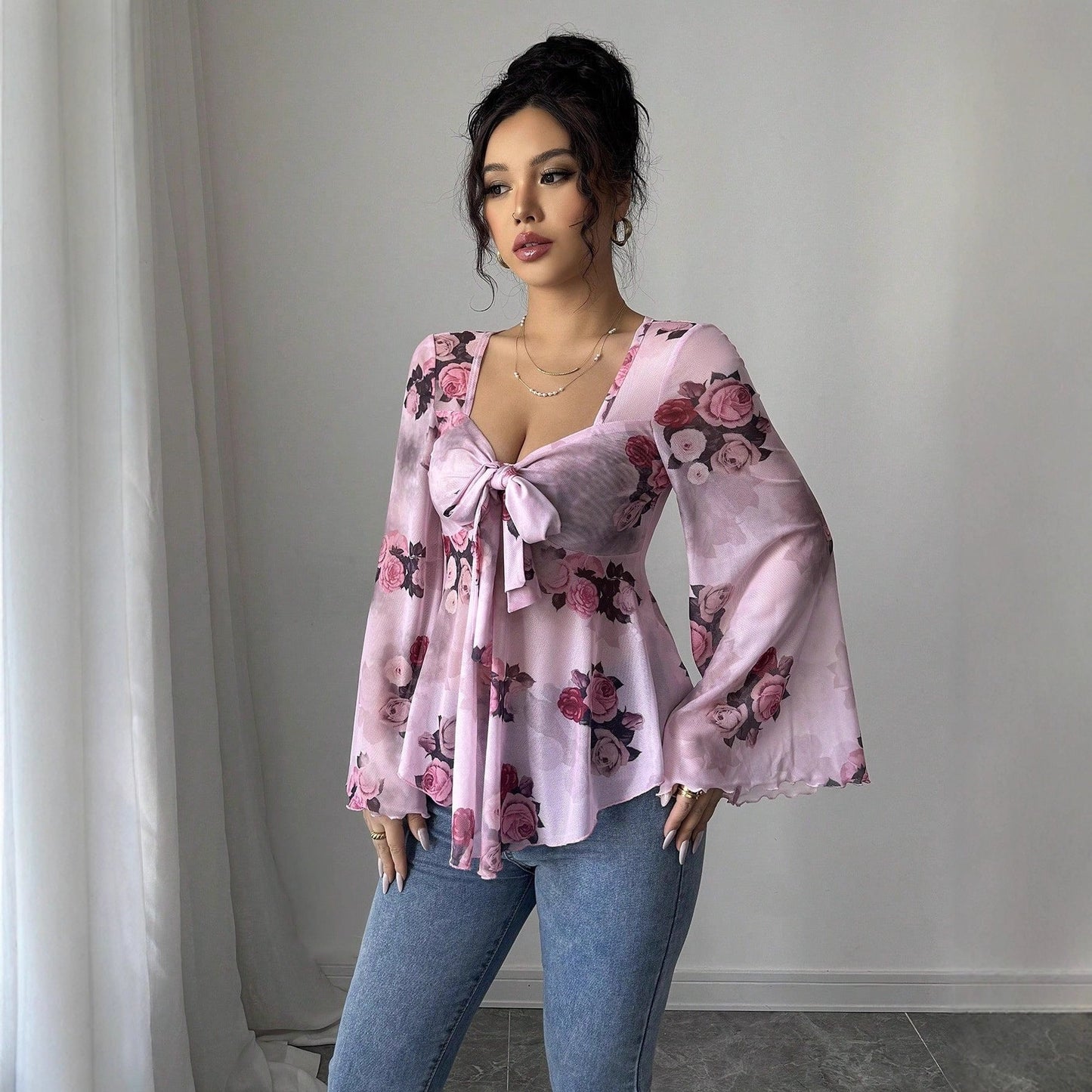 Floral Peplum Blouse with Square Neck and Bell Sleeves