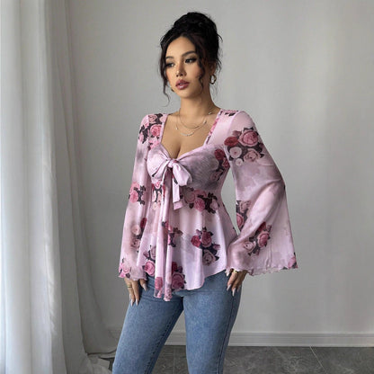 Floral Peplum Blouse with Square Neck and Bell Sleeves