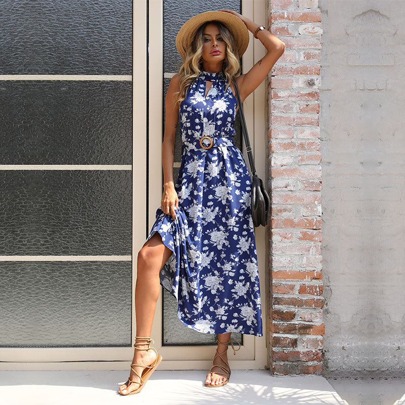 A-Line Floral Print Midi Dress with Halter Neck