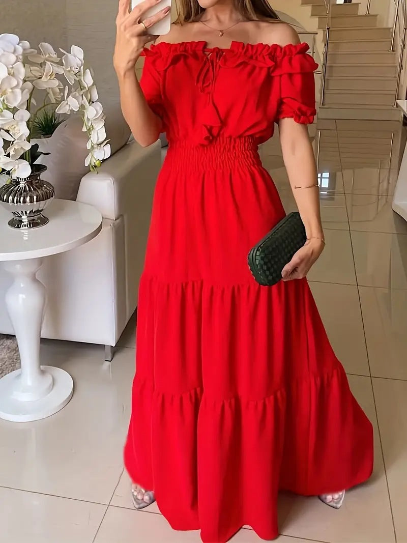 Tiered Maxi Dress with Off-Shoulder Ruffle Neck and Shirred Waist