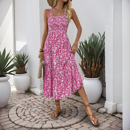 Floral Print A-Line Maxi Dress with Smocked Bodice